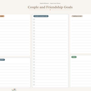 May include: A digital planner page titled Couple and Friendship Goals with a sidebar navigation menu. The layout features sections for Dates to plan, Friends to reconnect with, Traditions to start, Trips together, and Notes with lined spaces.