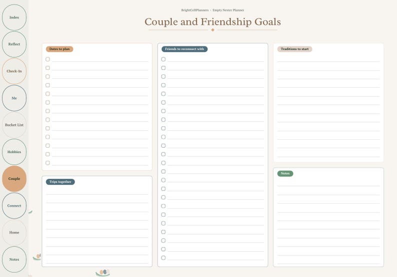 May include: A digital planner page titled Couple and Friendship Goals with a sidebar navigation menu. The layout features sections for Dates to plan, Friends to reconnect with, Traditions to start, Trips together, and Notes with lined spaces.
