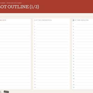 May include: A digital plot outline planner page with a red header labeled PLOT OUTLINE (1/2). It features three vertical columns titled ACT ONE: SETUP, ACT TWO: CONFRONTATION, and ACT THREE: RESOLUTION, each containing twenty-three numbered lines for writing.