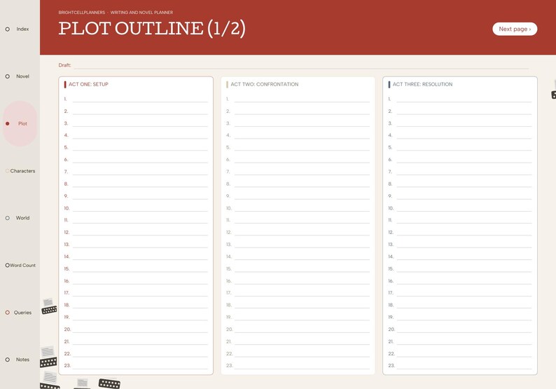 May include: A digital plot outline planner page with a red header labeled PLOT OUTLINE (1/2). It features three vertical columns titled ACT ONE: SETUP, ACT TWO: CONFRONTATION, and ACT THREE: RESOLUTION, each containing twenty-three numbered lines for writing.