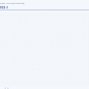 May include: A digital planner page titled NOTES 1 with a grid background. The left sidebar features navigation tabs for months and categories including Clinical, Med Cards, Care Plan, NCLEX, and Labs. The top header displays BRIGHTCELLPLANNERS 24-25 NURSING STUDENT PLANNER.