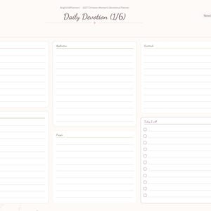 May include: A digital daily devotion planner page with a light background, featuring sections for scripture, application, gratitude, observation, prayer, and a checklist titled Today I will. A navigation sidebar lists months and categories.