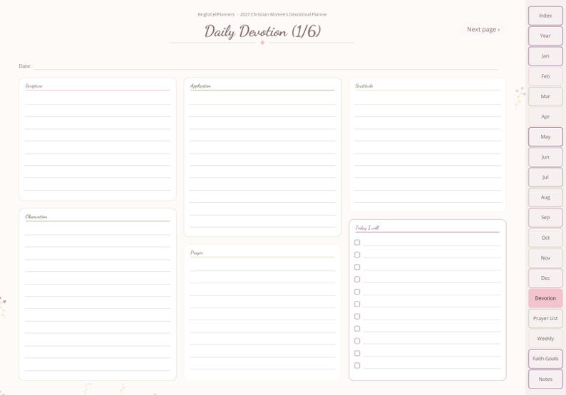 May include: A digital daily devotion planner page with a light background, featuring sections for scripture, application, gratitude, observation, prayer, and a checklist titled Today I will. A navigation sidebar lists months and categories.