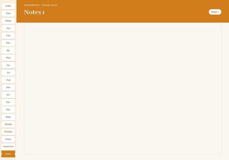 May include: A digital planner page titled Notes 1 with a mustard yellow header and a large cream-colored writing area. A vertical navigation sidebar on the left lists tabs including Index, Year, Setup, months from Jan to Dec, Daily, Weekly, Prompts, Pixels, Thank You, and Notes.