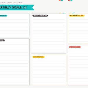 May include: A digital planner page titled QUARTERLY GOALS: Q1 with a sidebar of tabs. Sections include REVENUE TARGET, PROJECTS AND LAUNCHES, KEY NUMBERS TO WATCH, TOP 3 GOALS, MARKETING FOCUS, and QUARTER REVIEW, all featuring lined writing areas.