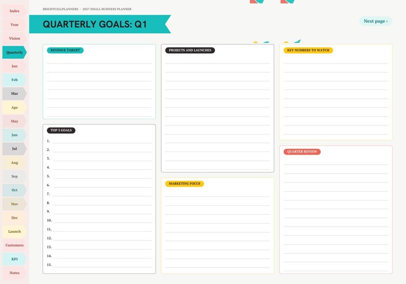 May include: A digital planner page titled QUARTERLY GOALS: Q1 with a sidebar of tabs. Sections include REVENUE TARGET, PROJECTS AND LAUNCHES, KEY NUMBERS TO WATCH, TOP 3 GOALS, MARKETING FOCUS, and QUARTER REVIEW, all featuring lined writing areas.