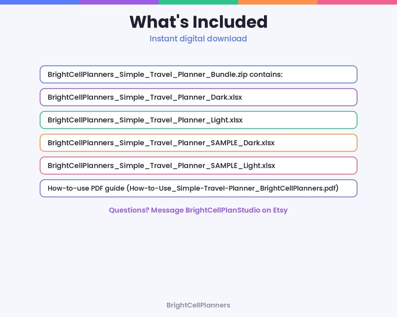 May include: A digital file list titled What's Included, featuring BrightCellPlanners_Simple_Travel_Planner_Bundle.zip, four Excel files in dark and light versions, and a How-to-use PDF guide. Contact BrightCellPlanStudio on Etsy for questions.
