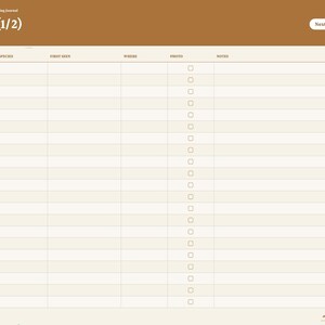 May include: A digital bird watching journal page titled Life List (1/2) with a brown header and cream background. The table includes columns for No., Species, First Seen, Where, Photo, and Notes. A sidebar features tabs for Index, Sightings, Life List, Locations, Sketches, Migration, and Notes.