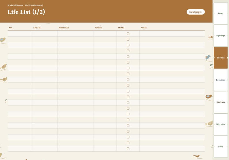 May include: A digital bird watching journal page titled Life List (1/2) with a brown header and cream background. The table includes columns for No., Species, First Seen, Where, Photo, and Notes. A sidebar features tabs for Index, Sightings, Life List, Locations, Sketches, Migration, and Notes.