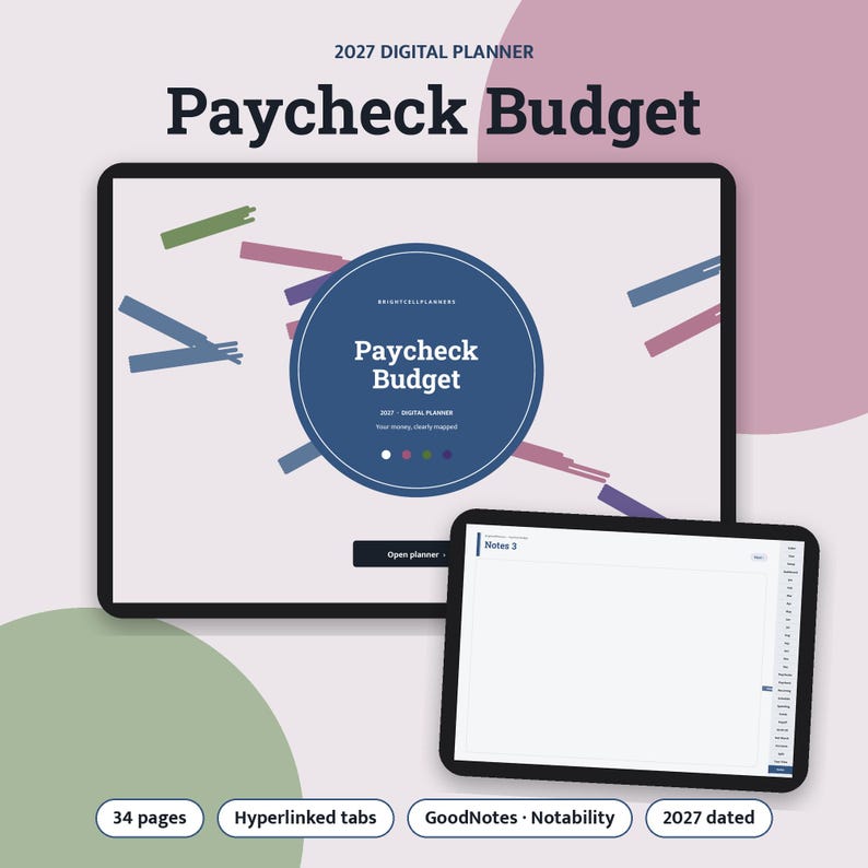Op de afbeelding: Een digitale planner voor 2027 genaamd Paycheck Budget weergegeven op twee tabletschermen. Het grotere scherm toont een donkerblauw cirkelvormig omslagontwerp met de tekst Paycheck Budget, terwijl het kleinere scherm een lege notitiepagina toont.
