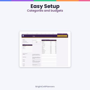 May include: A digital spreadsheet interface titled Easy Setup Categories and budgets, featuring a dark purple header, a white background, and a table with columns for categories, planned amounts, and actual spending totals.