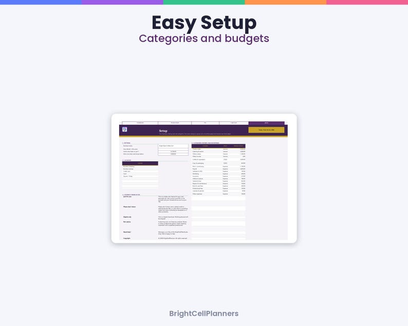 May include: A digital spreadsheet interface titled Easy Setup Categories and budgets, featuring a dark purple header, a white background, and a table with columns for categories, planned amounts, and actual spending totals.