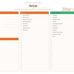 May include: A digital bookkeeping setup page for Etsy sellers featuring sections for settings, products, and expense categories. The layout includes orange and green headers, numbered lists, and a sidebar with monthly navigation tabs.