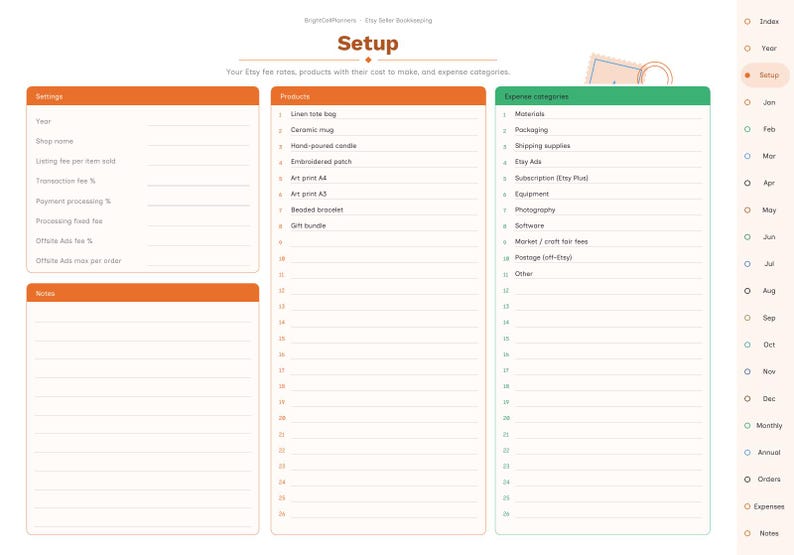 May include: A digital bookkeeping setup page for Etsy sellers featuring sections for settings, products, and expense categories. The layout includes orange and green headers, numbered lists, and a sidebar with monthly navigation tabs.