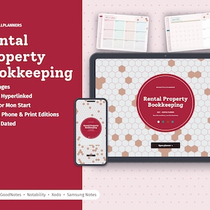 May include: A digital rental property bookkeeping planner displayed on a tablet and smartphone, featuring a hexagonal pattern, red circular branding, and text including 34 pages, fully hyperlinked, and 2027 dated for use with GoodNotes, Notability, Xodo, and Samsung Notes.