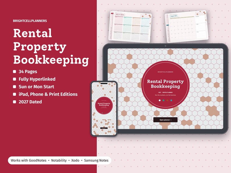May include: A digital rental property bookkeeping planner displayed on a tablet and smartphone, featuring a hexagonal pattern, red circular branding, and text including 34 pages, fully hyperlinked, and 2027 dated for use with GoodNotes, Notability, Xodo, and Samsung Notes.