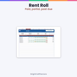 May include: A digital rent roll spreadsheet template featuring a dark blue header with the text Rent Roll, Paid, partial, past due, and BrightCellPlanners. The table displays financial data columns with numerical values and color-coded status cells.