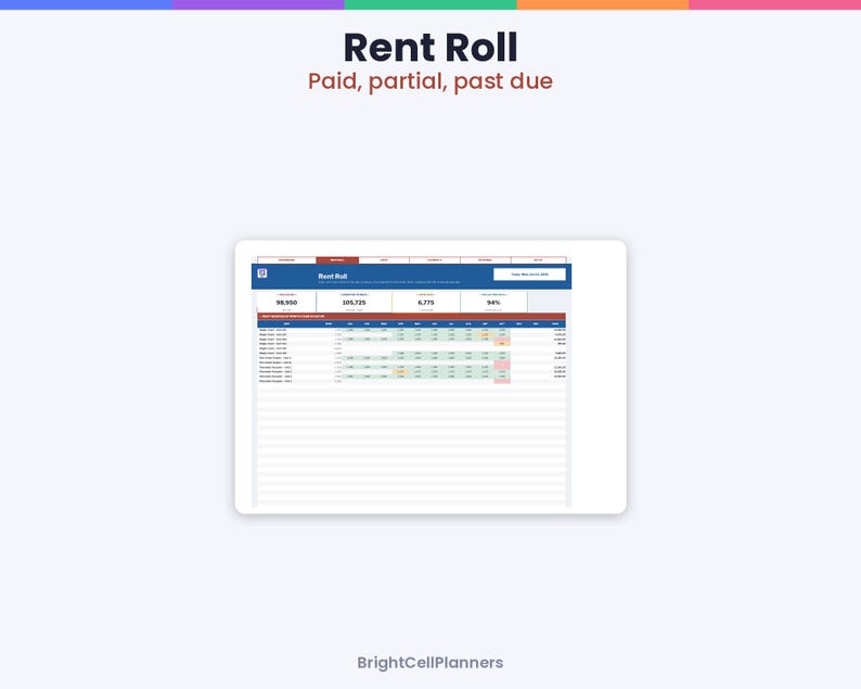 May include: A digital rent roll spreadsheet template featuring a dark blue header with the text Rent Roll, Paid, partial, past due, and BrightCellPlanners. The table displays financial data columns with numerical values and color-coded status cells.
