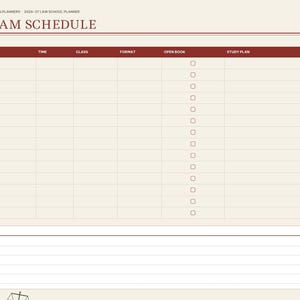 May include: A digital planner page titled EXAM SCHEDULE for 2026-27. The layout features a table with columns for date, time, class, format, open book checkboxes, and study plan. A notes section is at the bottom. The sidebar lists months and categories.