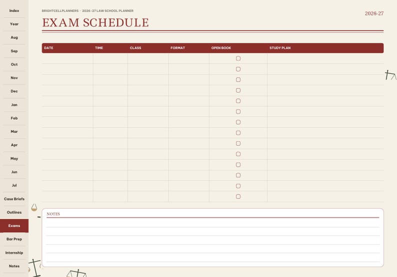 May include: A digital planner page titled EXAM SCHEDULE for 2026-27. The layout features a table with columns for date, time, class, format, open book checkboxes, and study plan. A notes section is at the bottom. The sidebar lists months and categories.