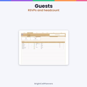 May include: A digital planner interface titled Guests and RSVPs and headcount, featuring a table with columns for names, attendance status, and guest counts. The layout includes a search bar and summary boxes for totals, all displayed on a light background with tan accents.