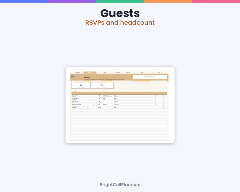 May include: A digital planner interface titled Guests and RSVPs and headcount, featuring a table with columns for names, attendance status, and guest counts. The layout includes a search bar and summary boxes for totals, all displayed on a light background with tan accents.