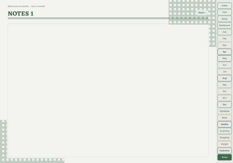 May include: A digital planner page titled NOTES 1 with a large blank central area. The interface features a side navigation bar with tabs for months and categories, including Index, Year, Setup, Dashboard, and others, set against a light green background.
