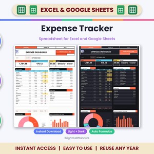 May include: An expense tracker spreadsheet for Excel and Google Sheets featuring light and dark mode dashboard views. The interface displays financial data, categories, and charts. Includes labels for auto formulas, fully editable, and mac, pc, and mobile compatibility.
