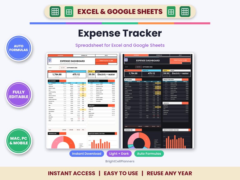 May include: An expense tracker spreadsheet for Excel and Google Sheets featuring light and dark mode dashboard views. The interface displays financial data, categories, and charts. Includes labels for auto formulas, fully editable, and mac, pc, and mobile compatibility.