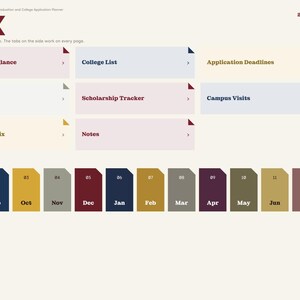May include: A digital planner index page for 2026-27 featuring navigation tiles for College List, Scholarship Tracker, and Campus Visits. It includes a monthly calendar row from August to July with color-coded tabs and side navigation.