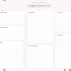 May include: A light pink digital surgery notes planner page titled Surgery Notes (1/2) with sections for procedure, surgeon, findings, recovery plan, follow-up, and questions. The layout features dark pink ribbon icons and a sidebar menu.