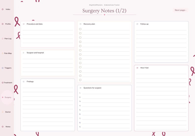May include: A light pink digital surgery notes planner page titled Surgery Notes (1/2) with sections for procedure, surgeon, findings, recovery plan, follow-up, and questions. The layout features dark pink ribbon icons and a sidebar menu.