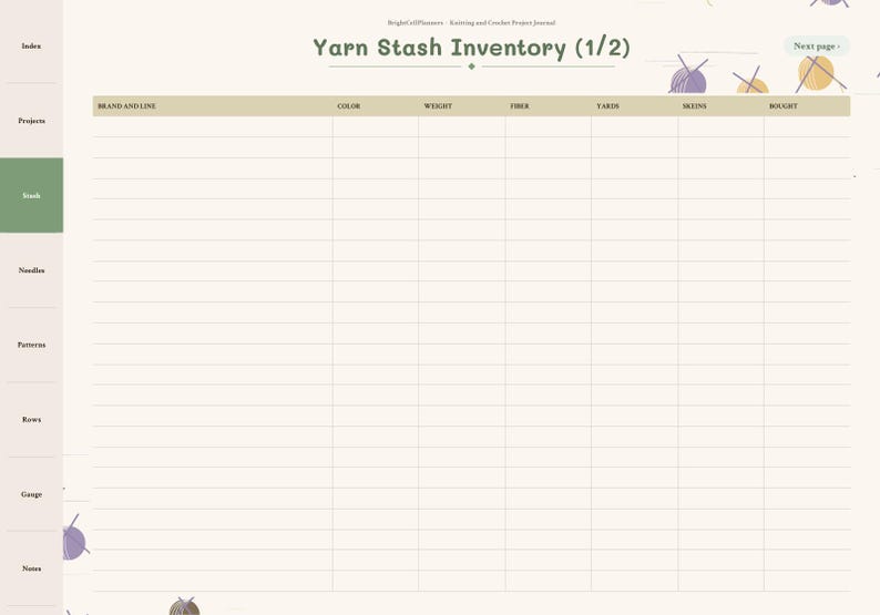 Puede incluir: Una p&aacute;gina de planificador digital titulada Yarn Stash Inventory (1/2) con una tabla para registrar detalles del hilo como marca, color, peso, fibra, yardas, madejas y fecha de compra, con una barra de navegaci&oacute;n lateral.