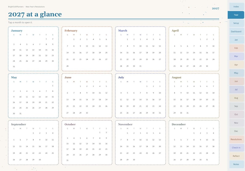 May include: A digital 2027 calendar planner page titled 2027 at a glance, featuring twelve monthly grids with dashed borders, days of the week headers, and a vertical navigation sidebar with tabs labeled Index, Year, Setup, Dashboard, and Notes.
