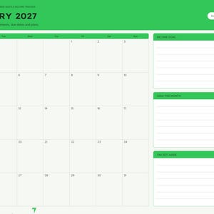 Puede incluir: Una p&aacute;gina de planificador digital para enero de 2027 titulada Brightcell Planners Side Hustle Income Tracker. Incluye una cuadr&iacute;cula de calendario mensual, secciones para Income Goal, Gigs This Month y Tax Set-Aside, con una barra lateral.