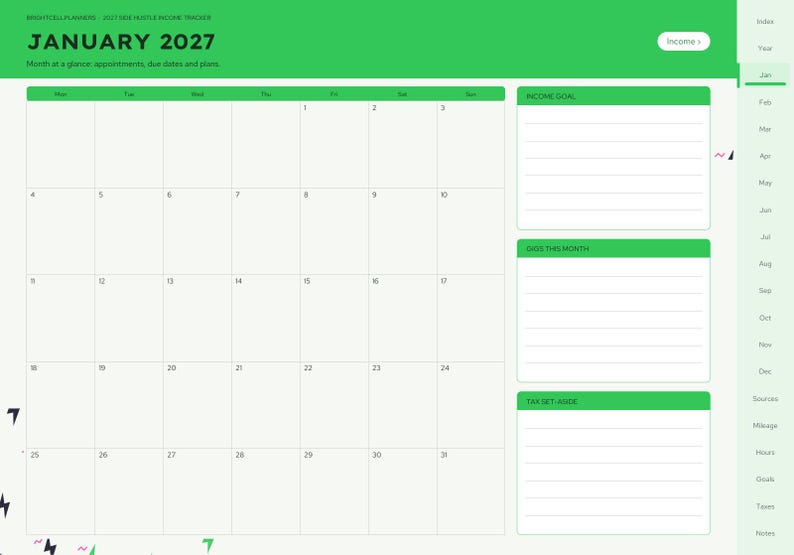 Puede incluir: Una p&aacute;gina de planificador digital para enero de 2027 titulada Brightcell Planners Side Hustle Income Tracker. Incluye una cuadr&iacute;cula de calendario mensual, secciones para Income Goal, Gigs This Month y Tax Set-Aside, con una barra lateral.
