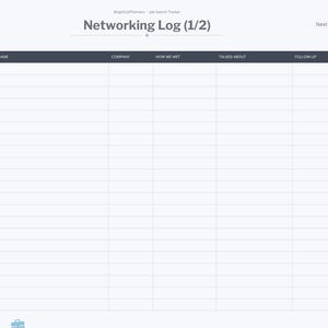 May include: A digital networking log planner page titled Networking Log (1/2) with columns for Date, Name, Company, How We Met, Talked About, and Follow-up. The right sidebar lists navigation tabs including Index, My Search, Applications, Interview, Networking, Resumes, Offers, and Notes.