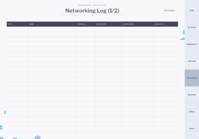 May include: A digital networking log planner page titled Networking Log (1/2) with columns for Date, Name, Company, How We Met, Talked About, and Follow-up. The right sidebar lists navigation tabs including Index, My Search, Applications, Interview, Networking, Resumes, Offers, and Notes.