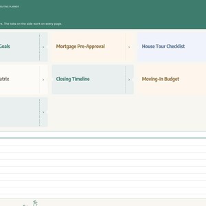 Puede incluir: Una p&aacute;gina de &iacute;ndice de planificador de compra de vivienda digital con un encabezado verde oscuro etiquetado como INDEX. Incluye mosaicos clicables para objetivos de compra, preaprobaci&oacute;n hipotecaria, lista de visitas y presupuesto.