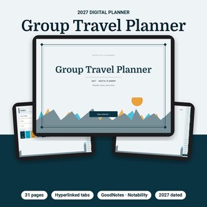 Puede incluir: Un planificador de viajes en grupo digital para 2027 en una pantalla de tableta. La interfaz muestra el texto Group Travel Planner, un gr&aacute;fico de monta&ntilde;as, un sol y un bot&oacute;n Open planner. Dos tabletas adicionales muestran p&aacute;ginas de &iacute;ndice.