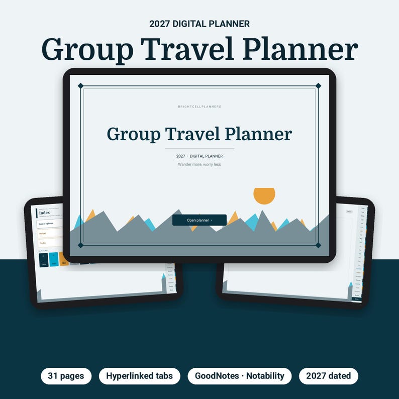 Puede incluir: Un planificador de viajes en grupo digital para 2027 en una pantalla de tableta. La interfaz muestra el texto Group Travel Planner, un gr&aacute;fico de monta&ntilde;as, un sol y un bot&oacute;n Open planner. Dos tabletas adicionales muestran p&aacute;ginas de &iacute;ndice.