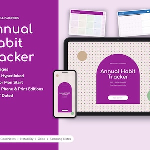 May include: A digital annual habit tracker planner displayed on a tablet and smartphone. The purple interface features the text Annual Habit Tracker, 33 Pages, Fully Hyperlinked, Sun or Mon Start, iPad, Phone & Print Editions, and 2027 Dated.