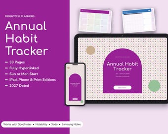 Planificador de hábitos anual digital 2027, Planificador de hábitos anual para tablet en PDF, Planificador con hipervínculos, Planificador para tablet
