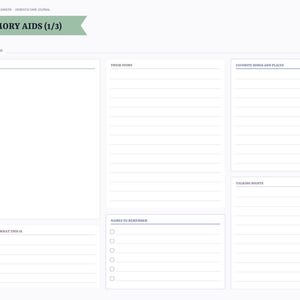 May include: A digital journal page titled Memory Aids (1/3) with a sage green header. The layout includes sections for a photo, their story, favorite songs and places, talking points, names to remember, and who or what this is, with lines for writing.