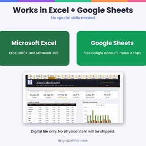May include: A digital spreadsheet template for Microsoft Excel and Google Sheets featuring an annual dashboard with financial data, charts, and tables. The interface displays income, spending, and savings metrics with a dark header and white background.