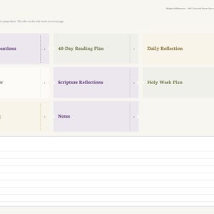 Puede incluir: Una p&aacute;gina de &iacute;ndice digital para un diario devocional de Cuaresma y Pascua con una cuadr&iacute;cula de mosaicos clicables etiquetados como My Lenten Intentions, 40-Day Reading Plan, Daily Reflection, Fasting Tracker, Scripture Reflections, Holy Week Plan, Easter Hosting y Notes.