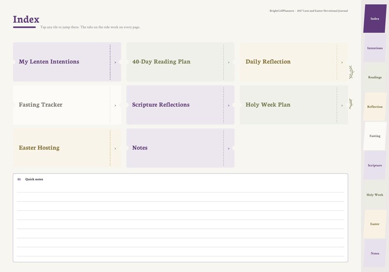 Puede incluir: Una p&aacute;gina de &iacute;ndice digital para un diario devocional de Cuaresma y Pascua con una cuadr&iacute;cula de mosaicos clicables etiquetados como My Lenten Intentions, 40-Day Reading Plan, Daily Reflection, Fasting Tracker, Scripture Reflections, Holy Week Plan, Easter Hosting y Notes.