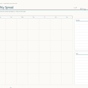 May include: A digital bullet journal monthly spread planner page featuring a calendar grid, a section for key dates, and a notes area. The layout includes a sidebar with navigation tabs labeled Index, Key, Future, Monthly, Collections, Dot Grid, Habits, Mood, and Notes.