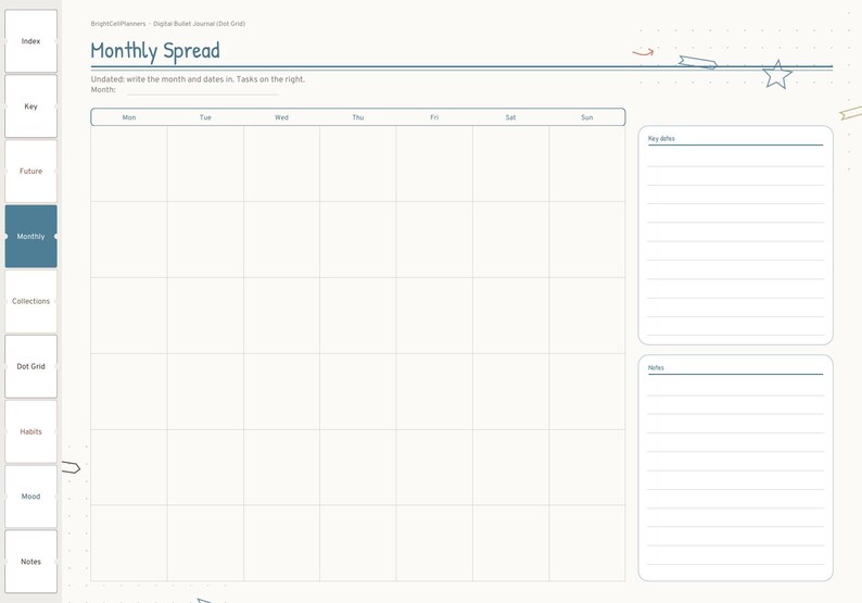 May include: A digital bullet journal monthly spread planner page featuring a calendar grid, a section for key dates, and a notes area. The layout includes a sidebar with navigation tabs labeled Index, Key, Future, Monthly, Collections, Dot Grid, Habits, Mood, and Notes.