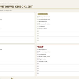 May include: A digital PCS Countdown Checklist planner page with a beige background. It features four sections labeled 90 to 60 days out, 60 to 30 days out, 2 weeks out, and arrival, each containing checkboxes and lines for tracking moving tasks.